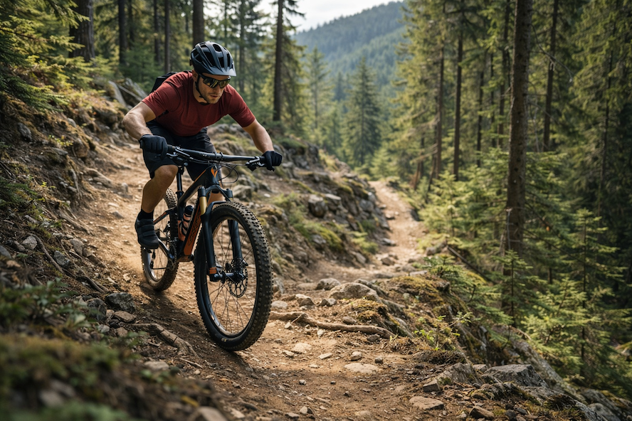 Mountainbike på skogsstig i kuperad terräng – cyklist med mountainbike i full fart längs en smal, ojämn stig genom skog och backar, vilket illustrerar sportens utmaning och naturupplevelse.